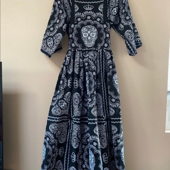 💀LAST ONE 💀 Handmade Black & White Skull Skeleton Print Bandana Maxi Dress - Picture 13 of 14